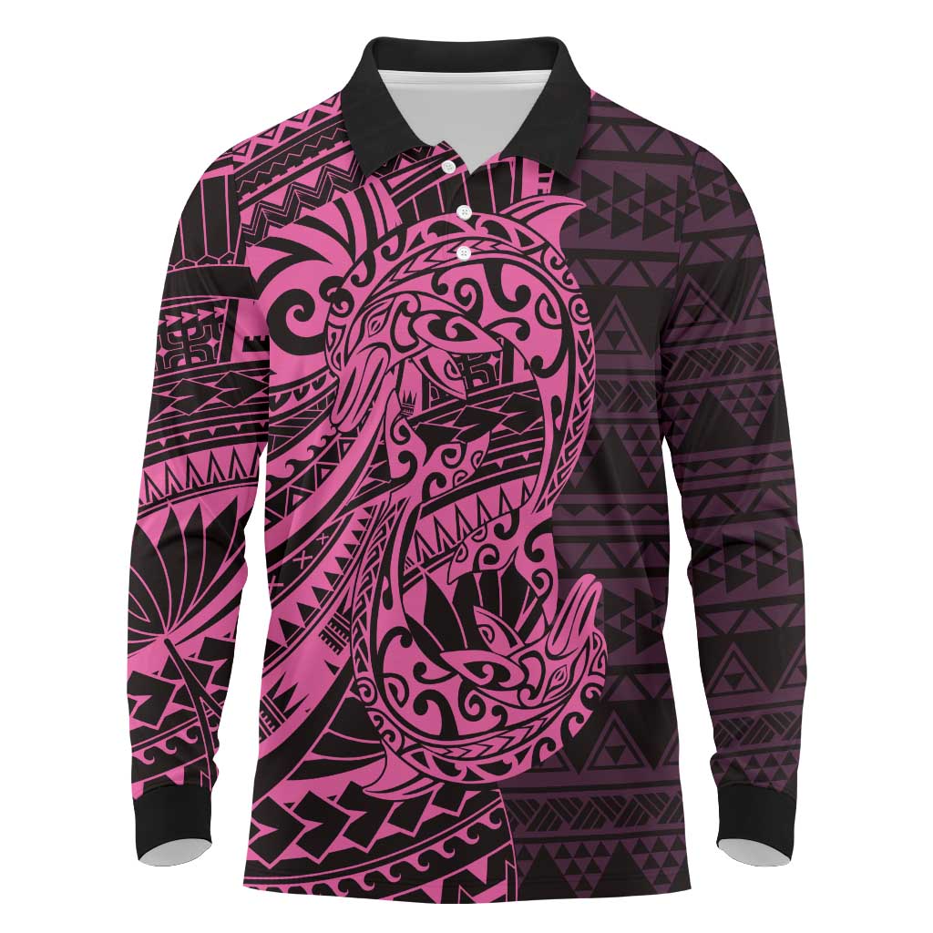 Pink Couple Dolphins Maori Polynesian Style Long Sleeve Polo Shirt