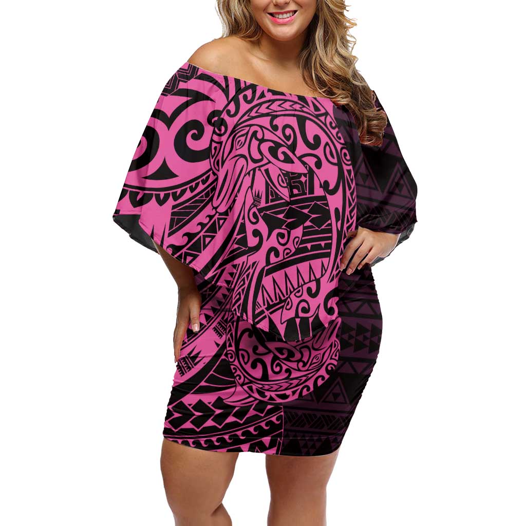 Pink Couple Dolphins Maori Polynesian Style Off Shoulder Short Dress