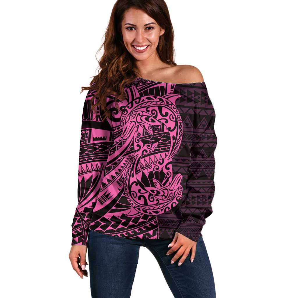 Pink Couple Dolphins Maori Polynesian Style Off Shoulder Sweater