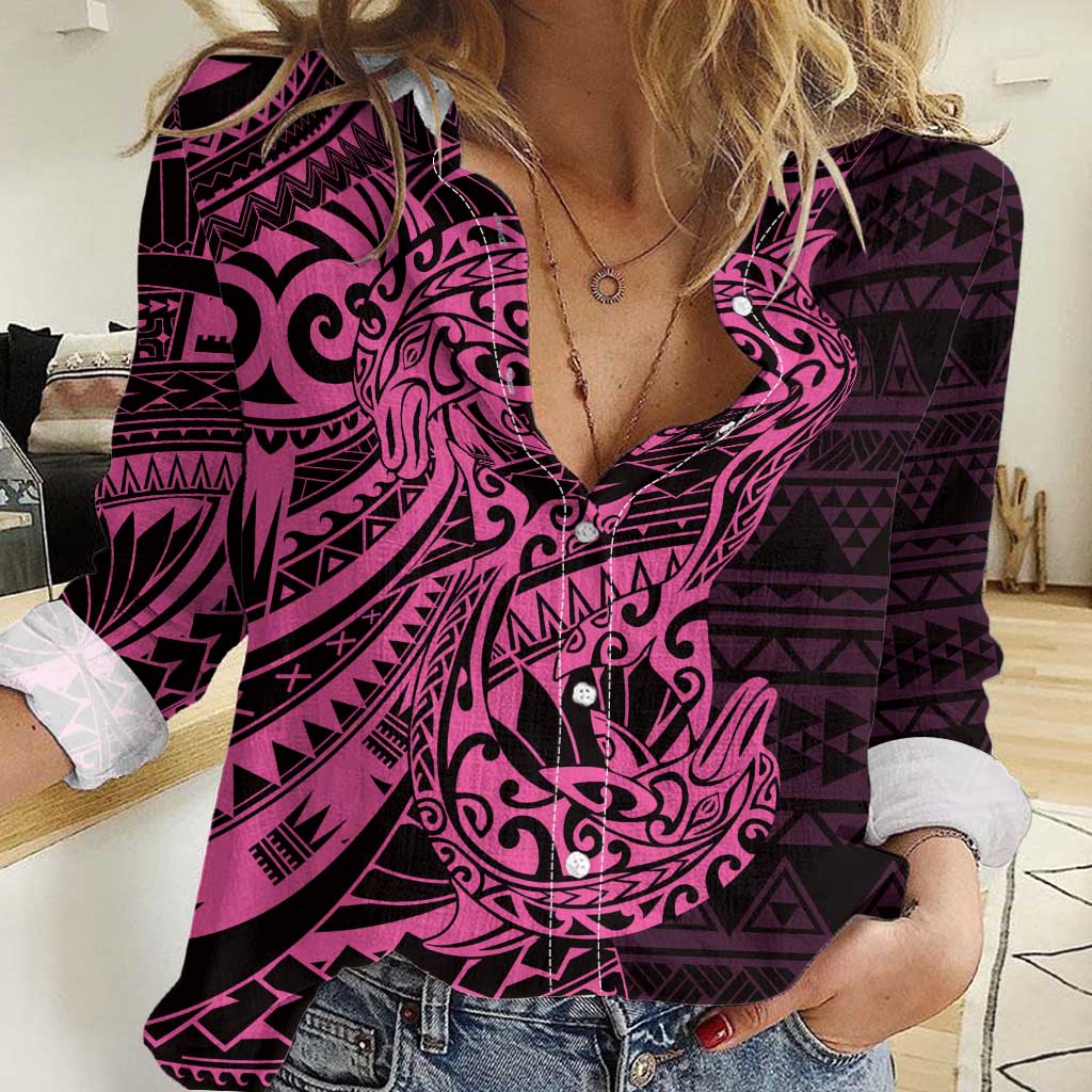 Pink Couple Dolphins Maori Polynesian Style Women Casual Shirt