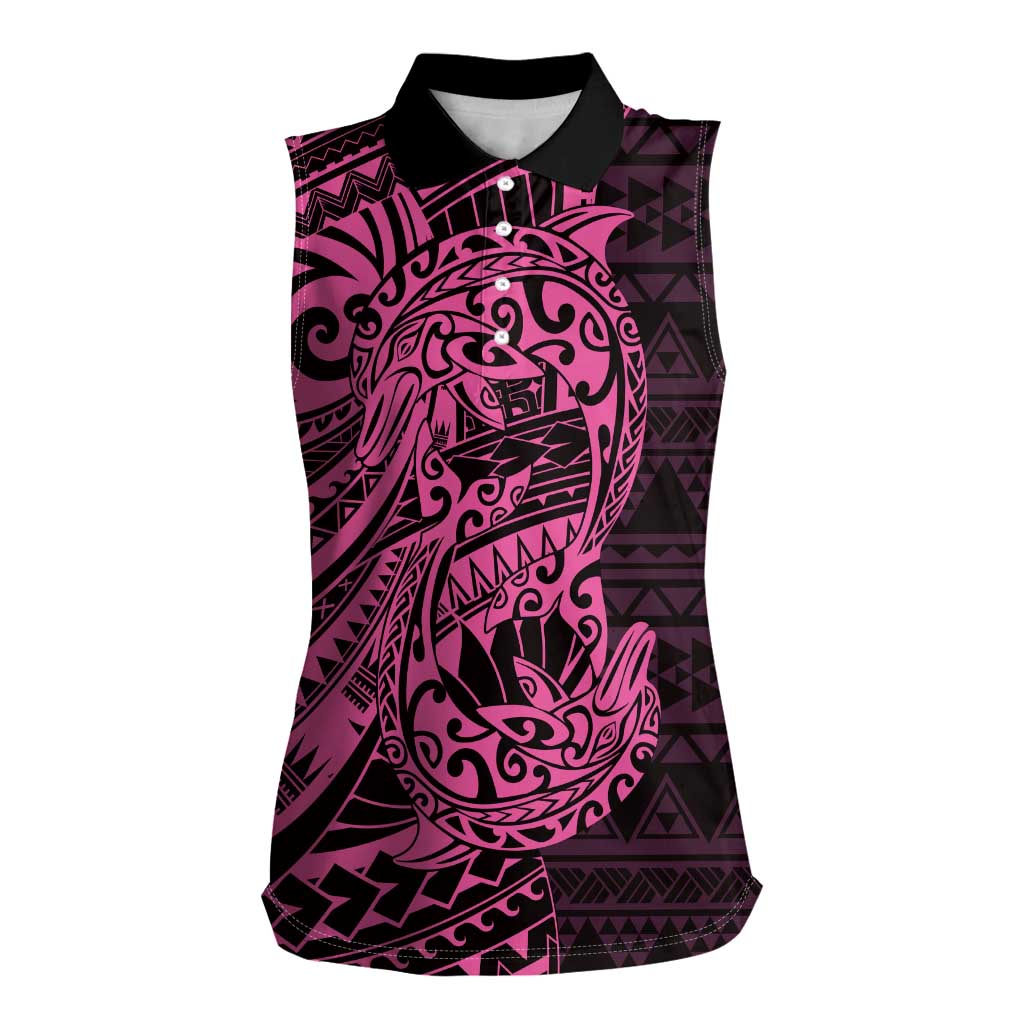 Pink Couple Dolphins Maori Polynesian Style Women Sleeveless Polo Shirt