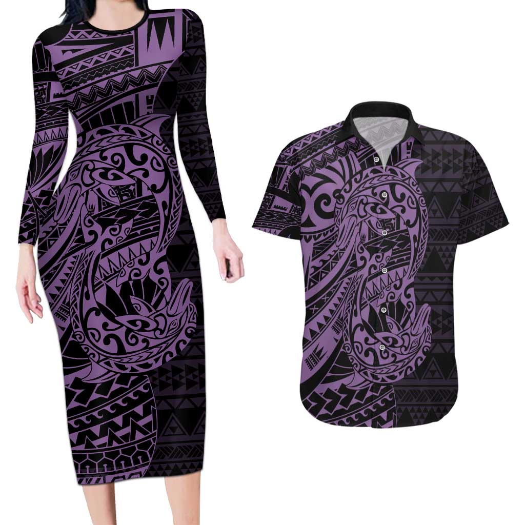 Purple Couple Dolphins Maori Polynesian Style Couples Matching Long Sleeve Bodycon Dress and Hawaiian Shirt