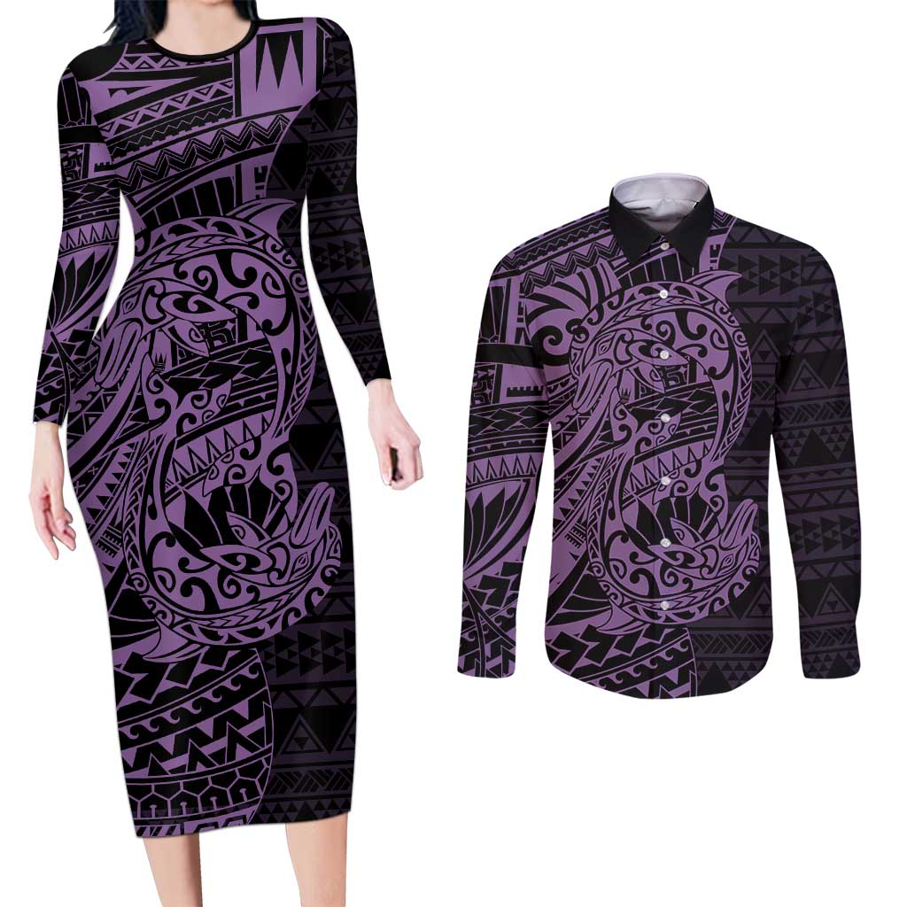 Purple Couple Dolphins Maori Polynesian Style Couples Matching Long Sleeve Bodycon Dress and Long Sleeve Button Shirt