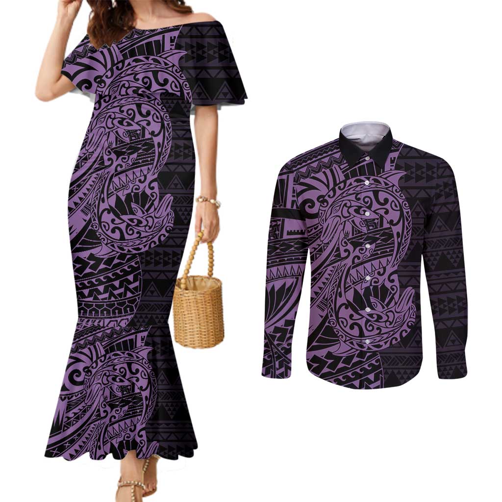 Purple Couple Dolphins Maori Polynesian Style Couples Matching Mermaid Dress and Long Sleeve Button Shirt