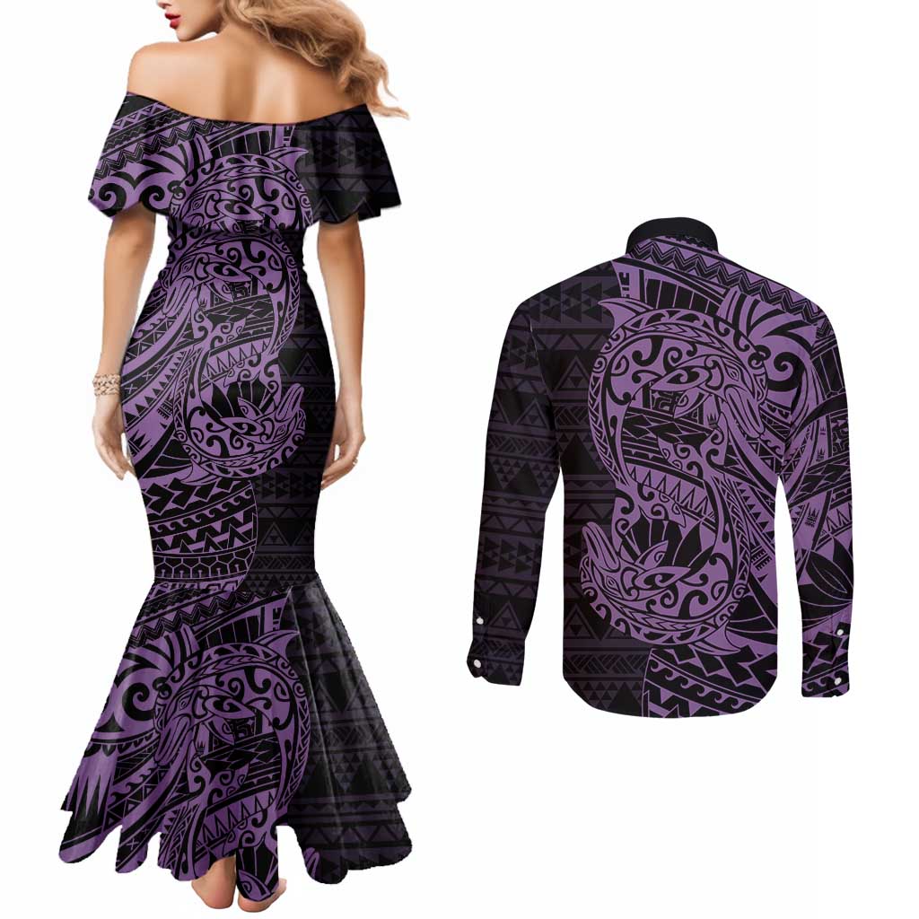 Purple Couple Dolphins Maori Polynesian Style Couples Matching Mermaid Dress and Long Sleeve Button Shirt
