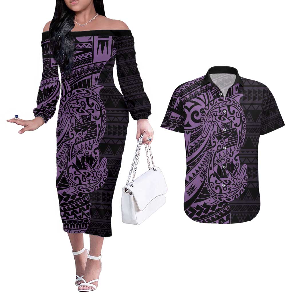 Purple Couple Dolphins Maori Polynesian Style Couples Matching Off The Shoulder Long Sleeve Dress and Hawaiian Shirt