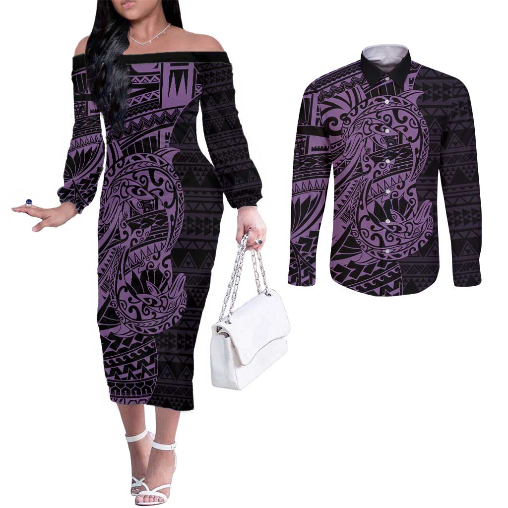 Purple Couple Dolphins Maori Polynesian Style Couples Matching Off The Shoulder Long Sleeve Dress and Long Sleeve Button Shirt