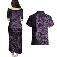 Purple Couple Dolphins Maori Polynesian Style Couples Matching Puletasi and Hawaiian Shirt