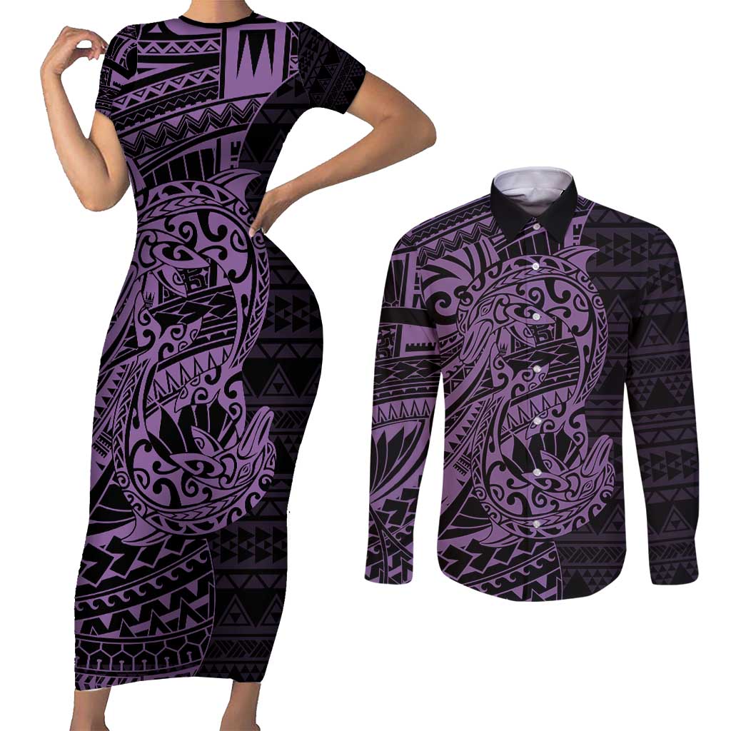 Purple Couple Dolphins Maori Polynesian Style Couples Matching Short Sleeve Bodycon Dress and Long Sleeve Button Shirt