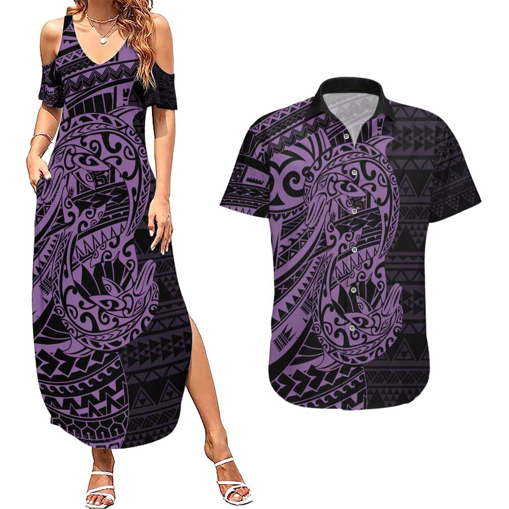 Purple Couple Dolphins Maori Polynesian Style Couples Matching Summer Maxi Dress and Hawaiian Shirt