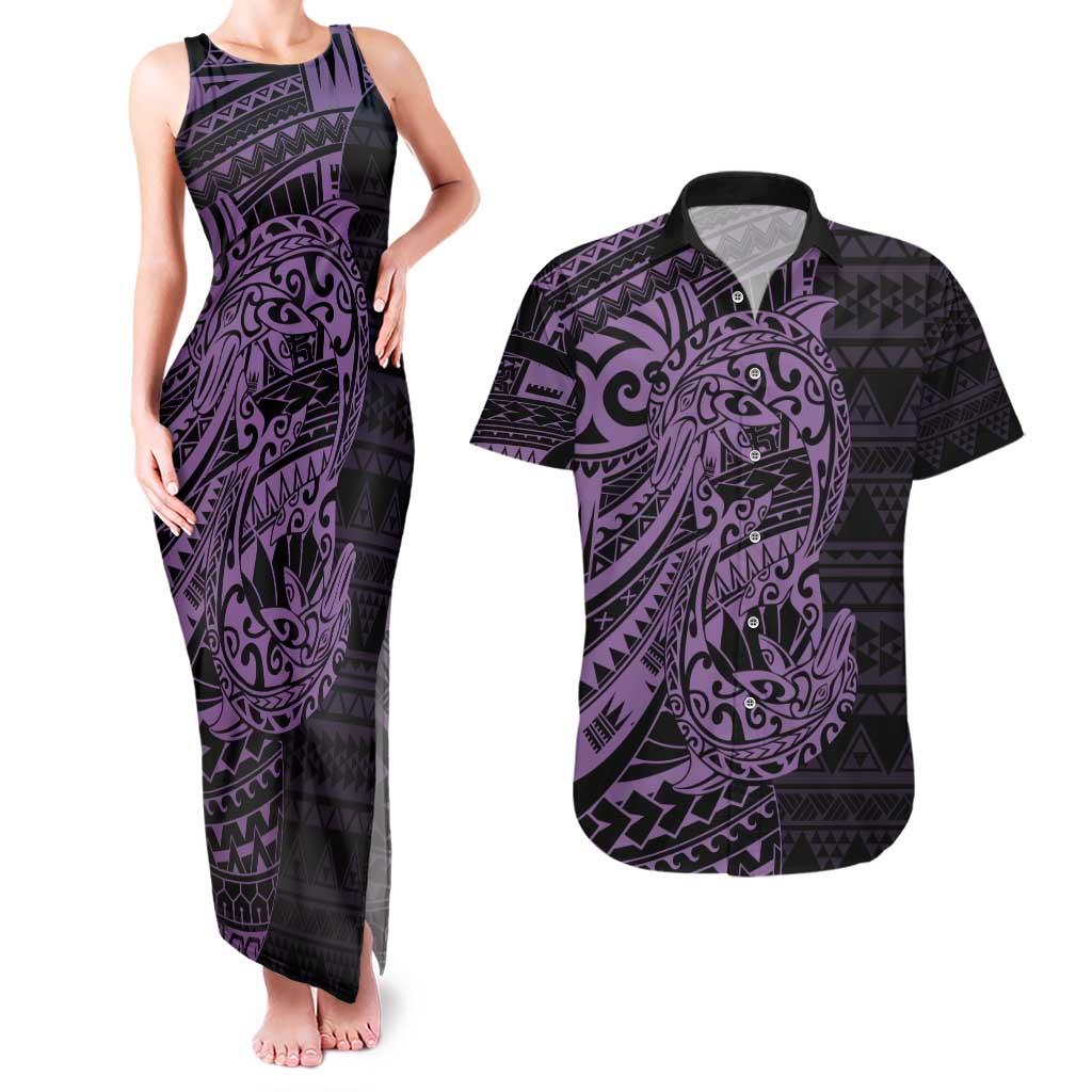 Purple Couple Dolphins Maori Polynesian Style Couples Matching Tank Maxi Dress and Hawaiian Shirt