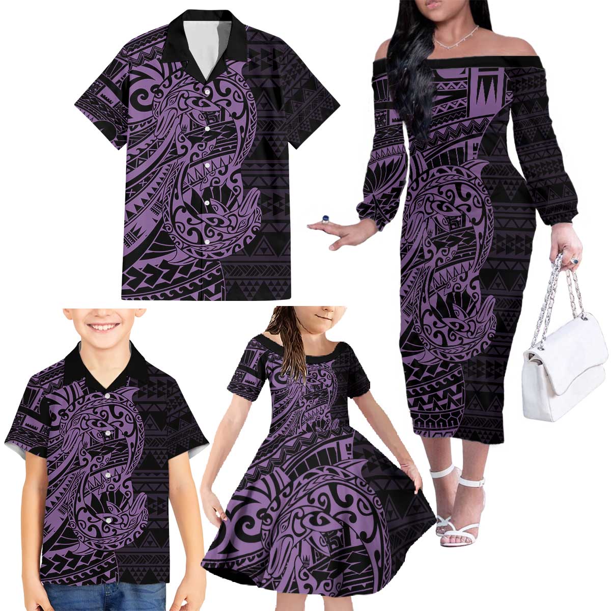 Purple Couple Dolphins Maori Polynesian Style Family Matching Off The Shoulder Long Sleeve Dress and Hawaiian Shirt