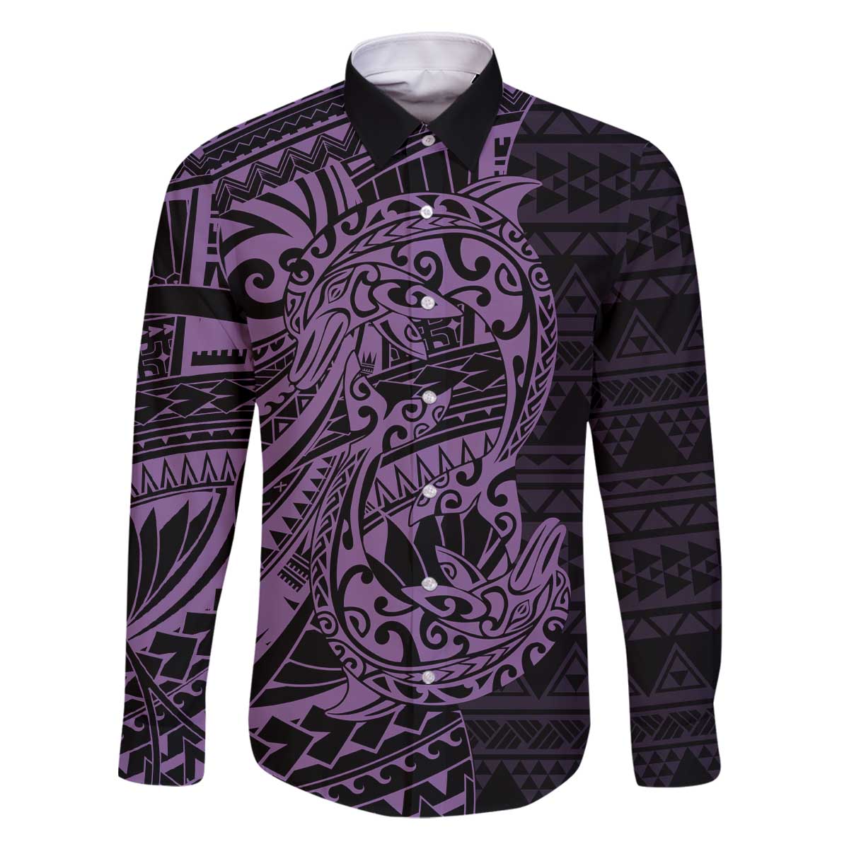 Purple Couple Dolphins Maori Polynesian Style Family Matching Off The Shoulder Long Sleeve Dress and Hawaiian Shirt