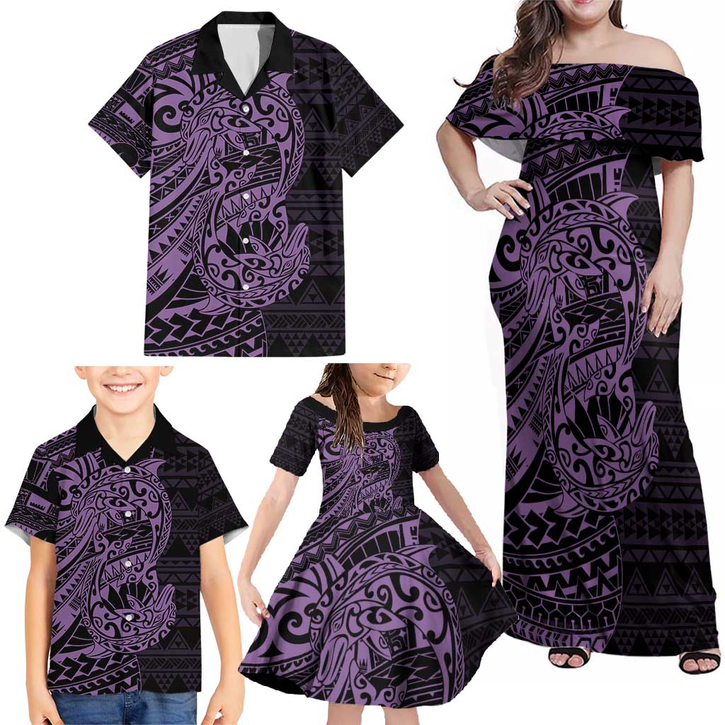 Purple Couple Dolphins Maori Polynesian Style Family Matching Off Shoulder Maxi Dress and Hawaiian Shirt