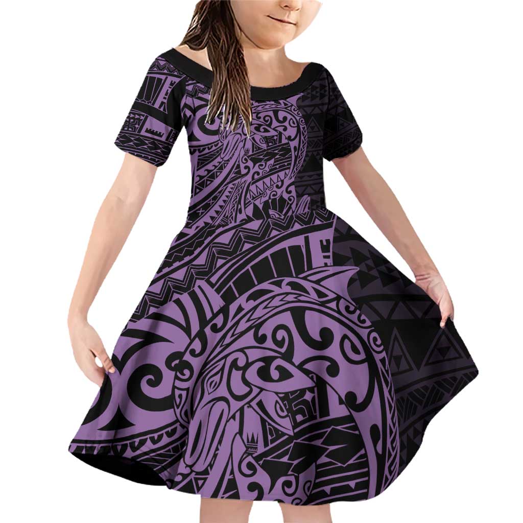 Purple Couple Dolphins Maori Polynesian Style Family Matching Off Shoulder Short Dress and Hawaiian Shirt