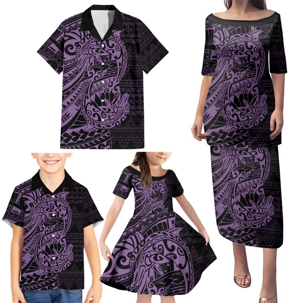 Purple Couple Dolphins Maori Polynesian Style Family Matching Puletasi and Hawaiian Shirt