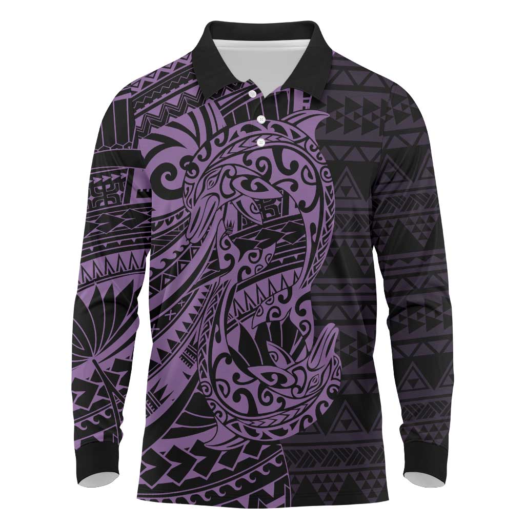 Purple Couple Dolphins Maori Polynesian Style Long Sleeve Polo Shirt