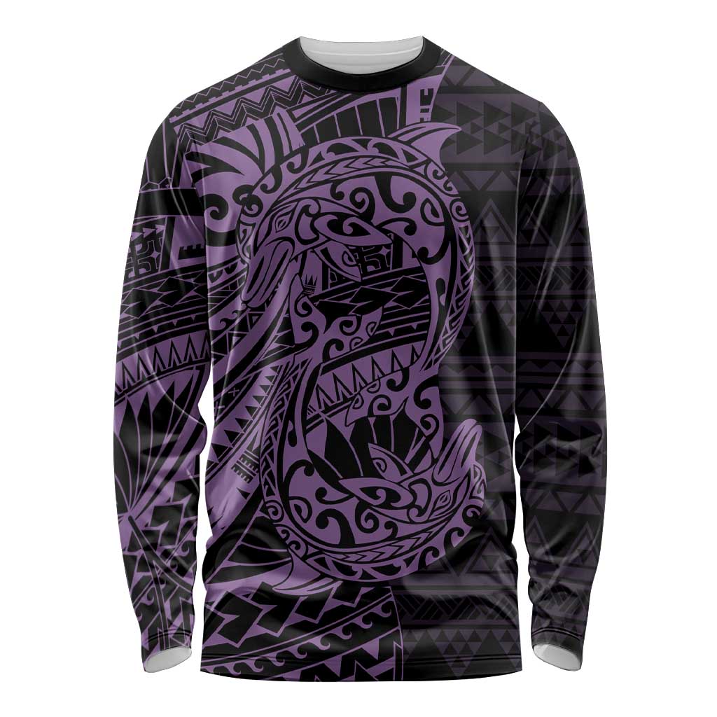 Purple Couple Dolphins Maori Polynesian Style Long Sleeve Shirt