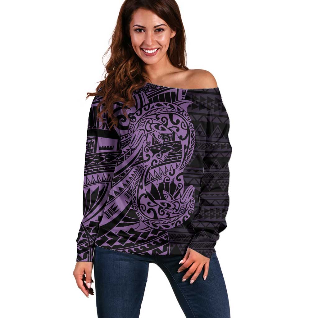 Purple Couple Dolphins Maori Polynesian Style Off Shoulder Sweater