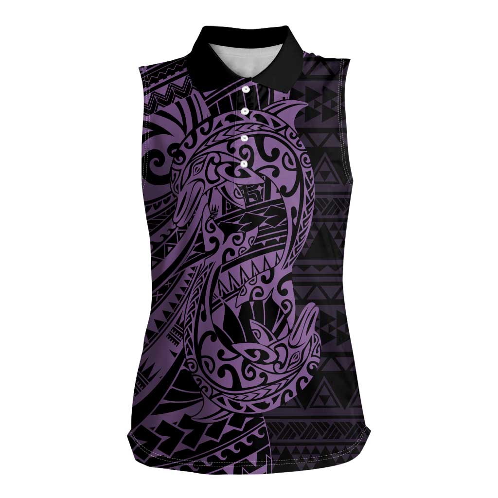 Purple Couple Dolphins Maori Polynesian Style Women Sleeveless Polo Shirt