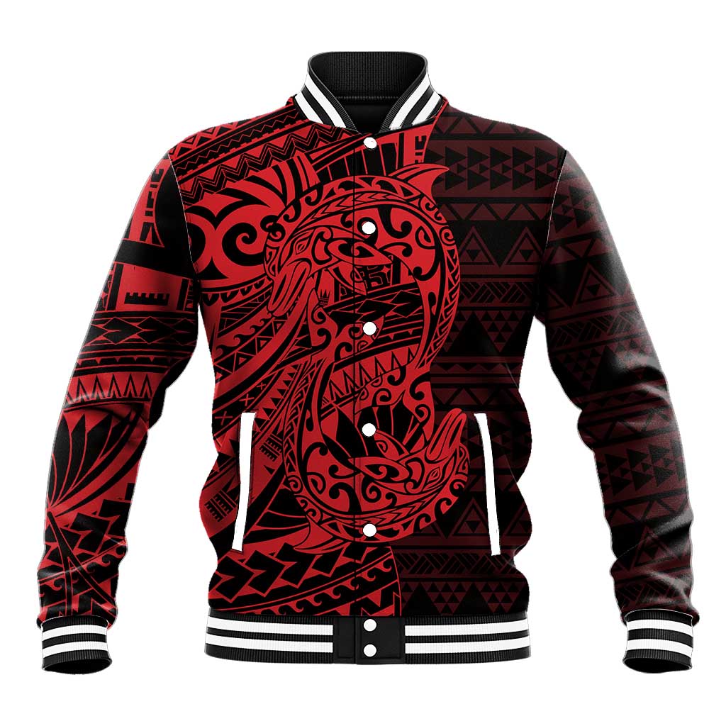 Red Couple Dolphins Maori Polynesian Style Baseball Jacket