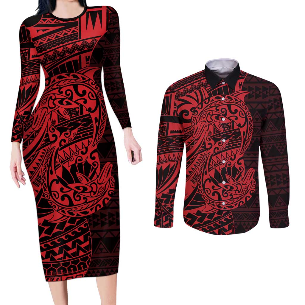 Red Couple Dolphins Maori Polynesian Style Couples Matching Long Sleeve Bodycon Dress and Long Sleeve Button Shirt