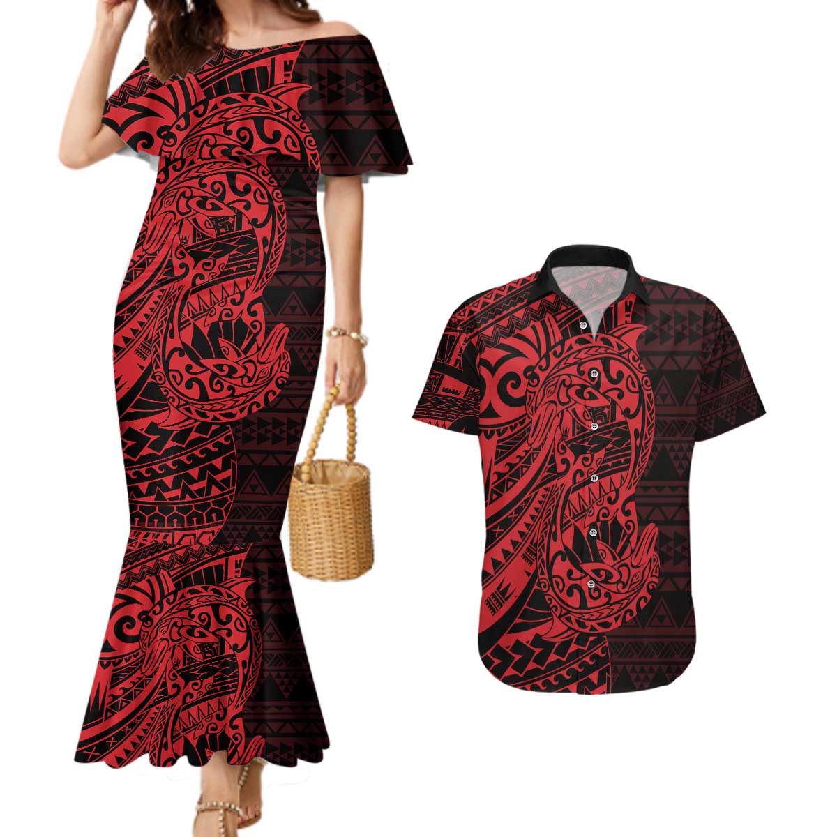 Red Couple Dolphins Maori Polynesian Style Couples Matching Mermaid Dress and Hawaiian Shirt