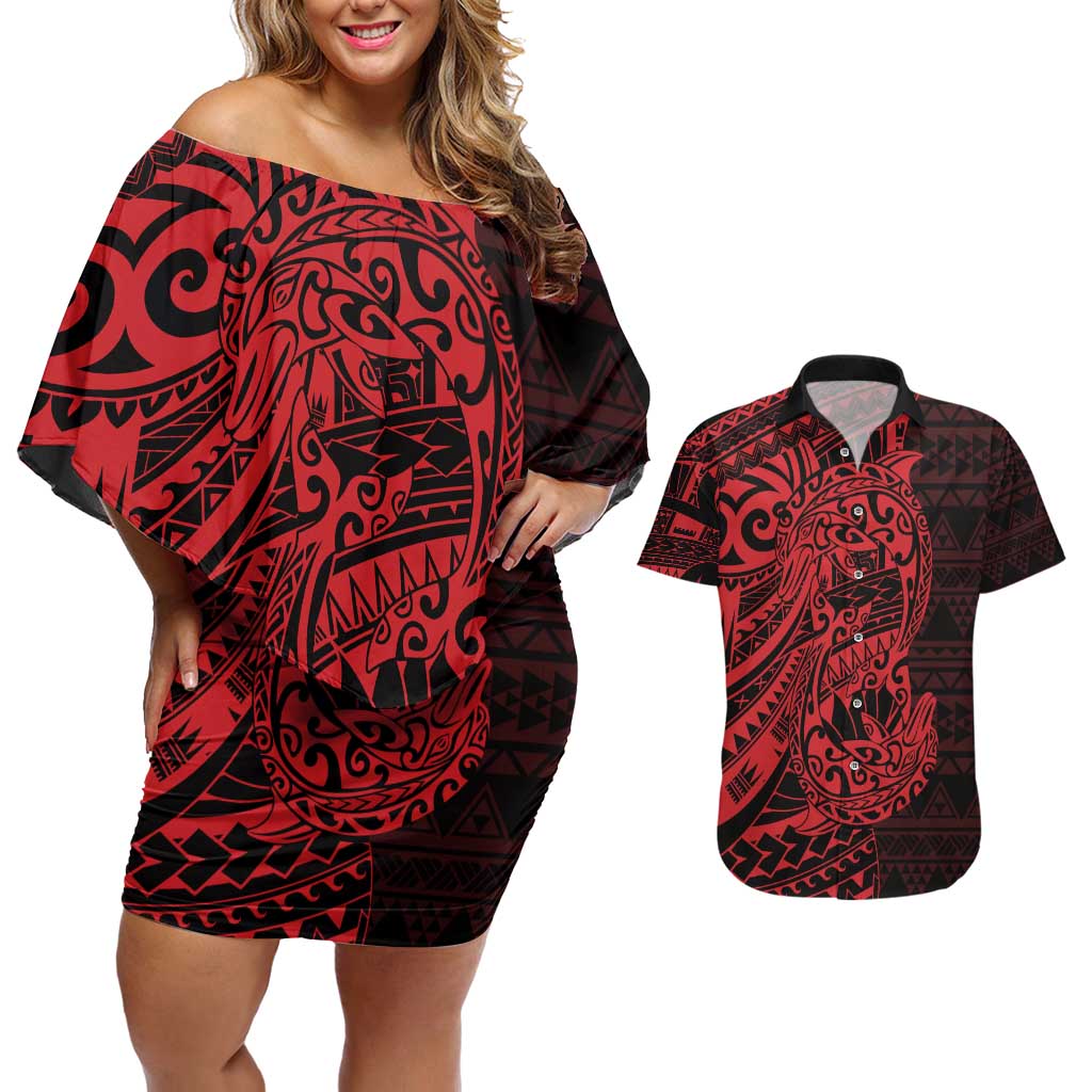 Red Couple Dolphins Maori Polynesian Style Couples Matching Off Shoulder Short Dress and Hawaiian Shirt