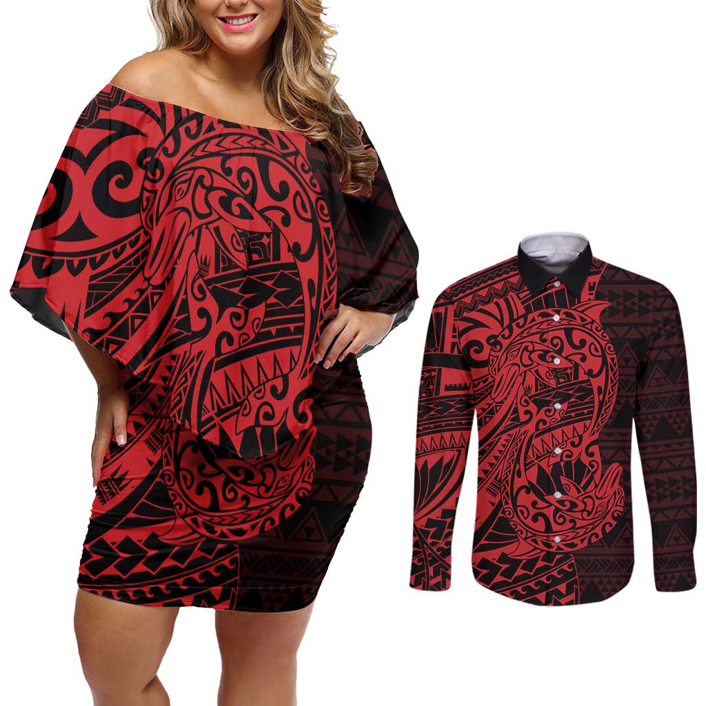 Red Couple Dolphins Maori Polynesian Style Couples Matching Off Shoulder Short Dress and Long Sleeve Button Shirt