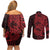 Red Couple Dolphins Maori Polynesian Style Couples Matching Off Shoulder Short Dress and Long Sleeve Button Shirt