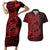 Red Couple Dolphins Maori Polynesian Style Couples Matching Short Sleeve Bodycon Dress and Hawaiian Shirt