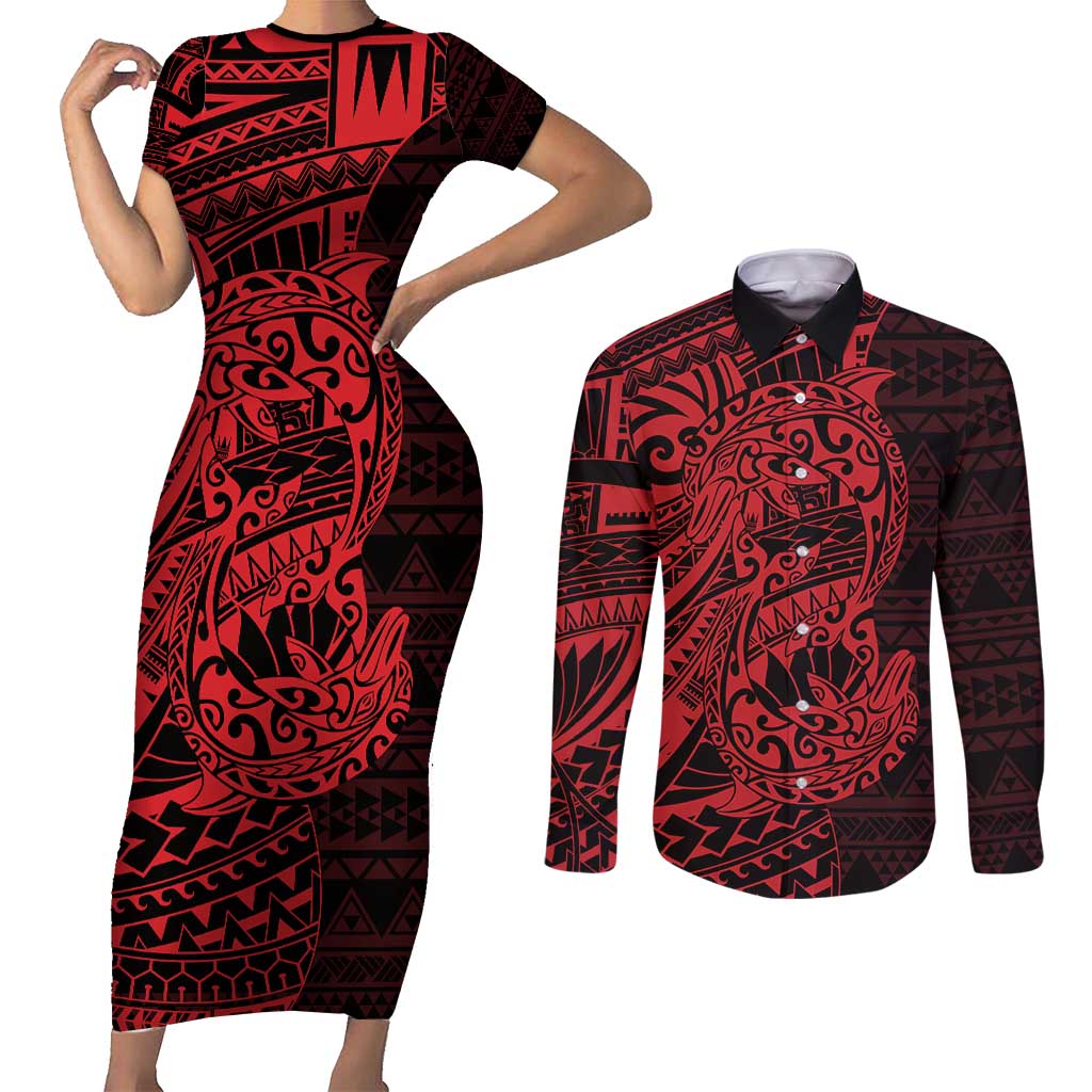 Red Couple Dolphins Maori Polynesian Style Couples Matching Short Sleeve Bodycon Dress and Long Sleeve Button Shirt