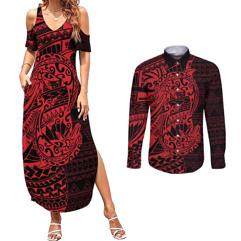 Red Couple Dolphins Maori Polynesian Style Couples Matching Summer Maxi Dress and Long Sleeve Button Shirt