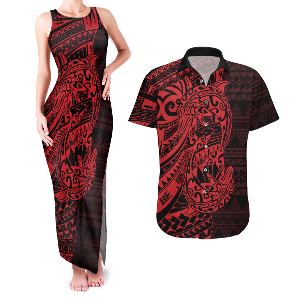 Red Couple Dolphins Maori Polynesian Style Couples Matching Tank Maxi Dress and Hawaiian Shirt