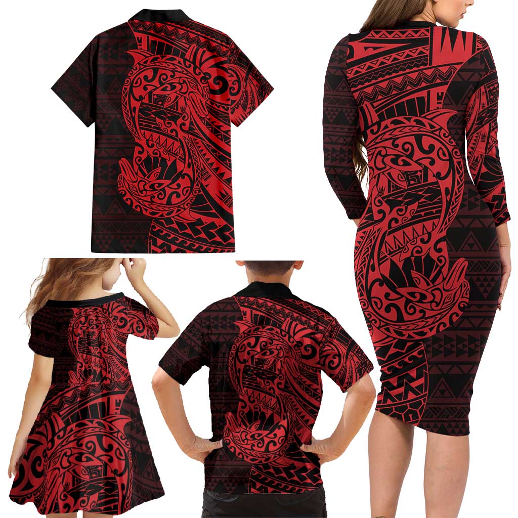 Red Couple Dolphins Maori Polynesian Style Family Matching Long Sleeve Bodycon Dress and Hawaiian Shirt