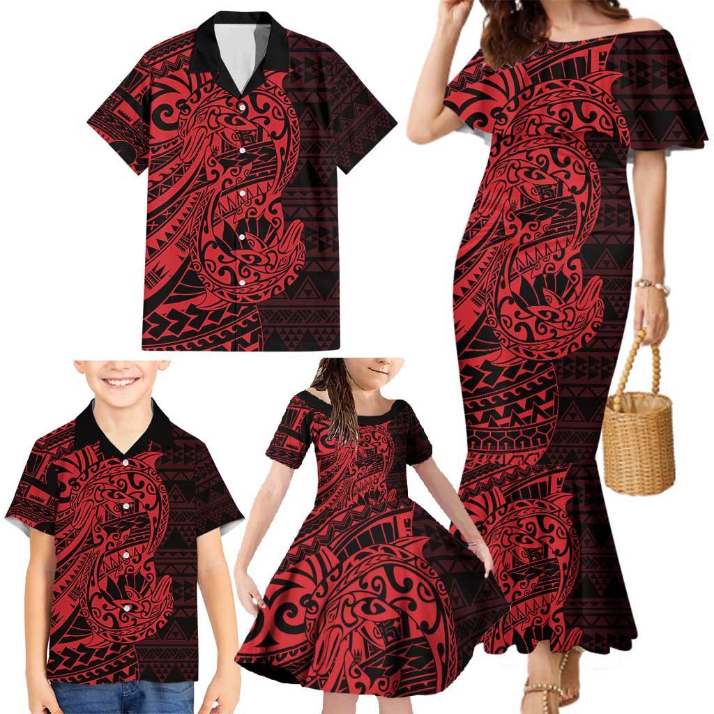 Red Couple Dolphins Maori Polynesian Style Family Matching Mermaid Dress and Hawaiian Shirt