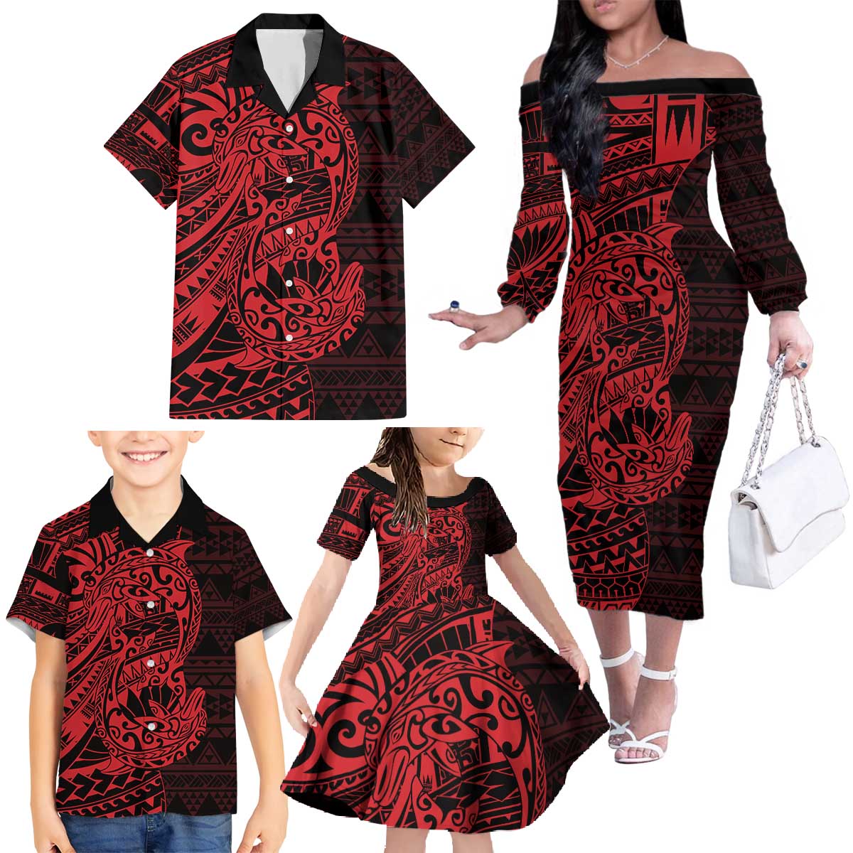 Red Couple Dolphins Maori Polynesian Style Family Matching Off The Shoulder Long Sleeve Dress and Hawaiian Shirt