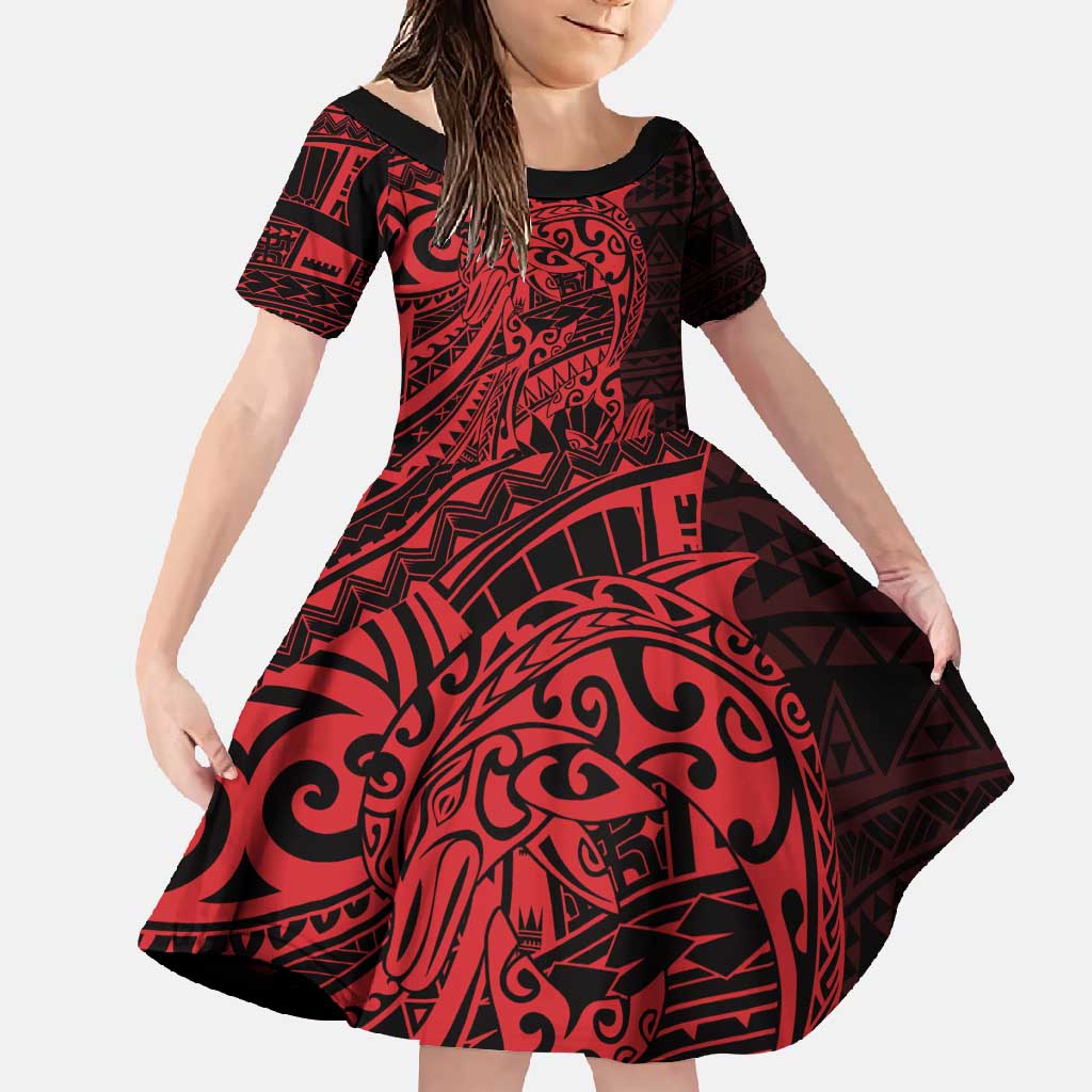 Red Couple Dolphins Maori Polynesian Style Family Matching Tank Maxi Dress and Hawaiian Shirt LT9 Daughter's Dress Red - Polynesian Pride