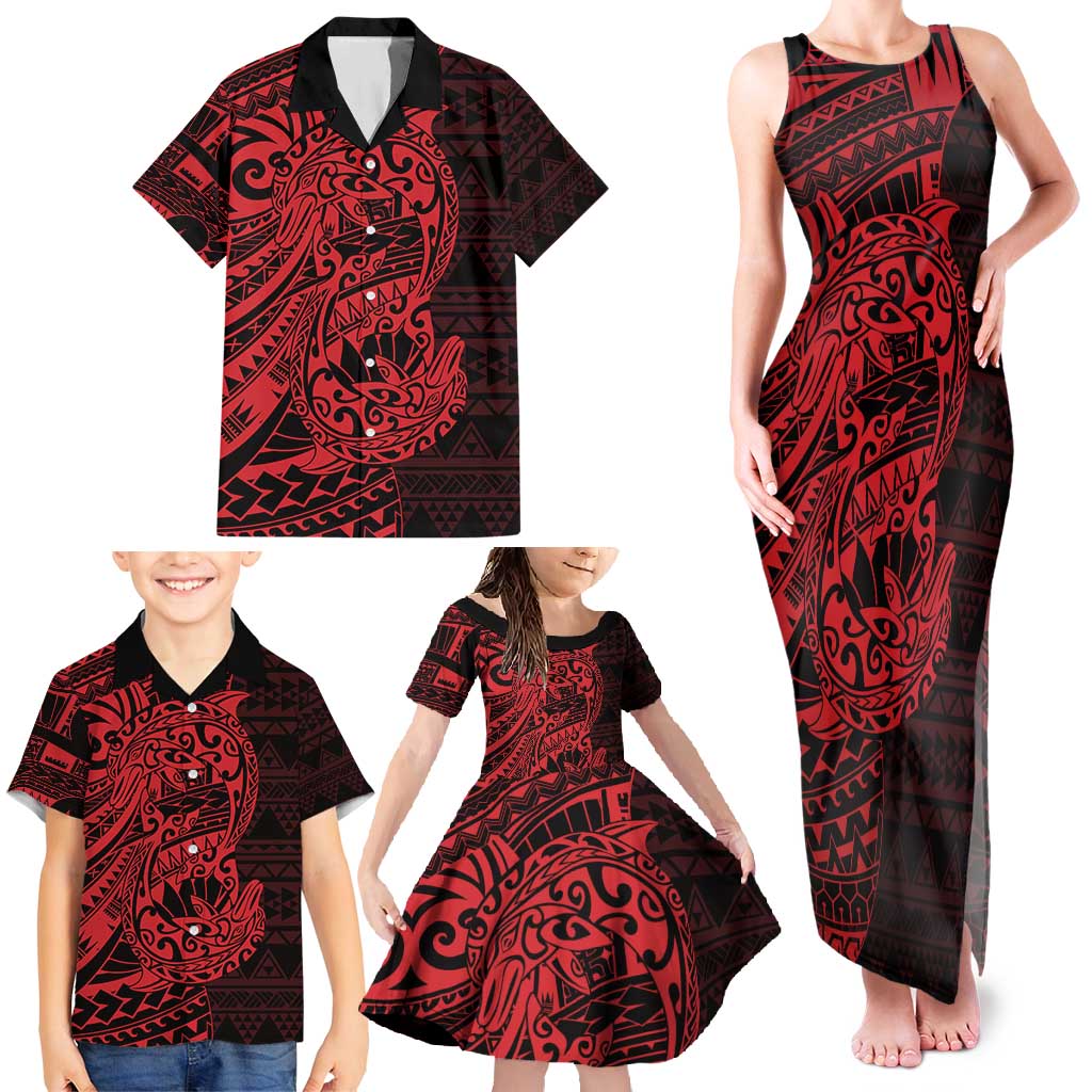 Red Couple Dolphins Maori Polynesian Style Family Matching Tank Maxi Dress and Hawaiian Shirt