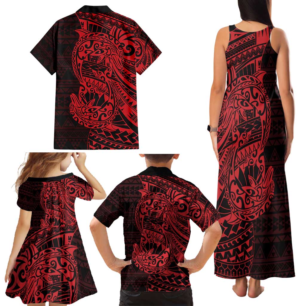 Red Couple Dolphins Maori Polynesian Style Family Matching Tank Maxi Dress and Hawaiian Shirt LT9 - Polynesian Pride