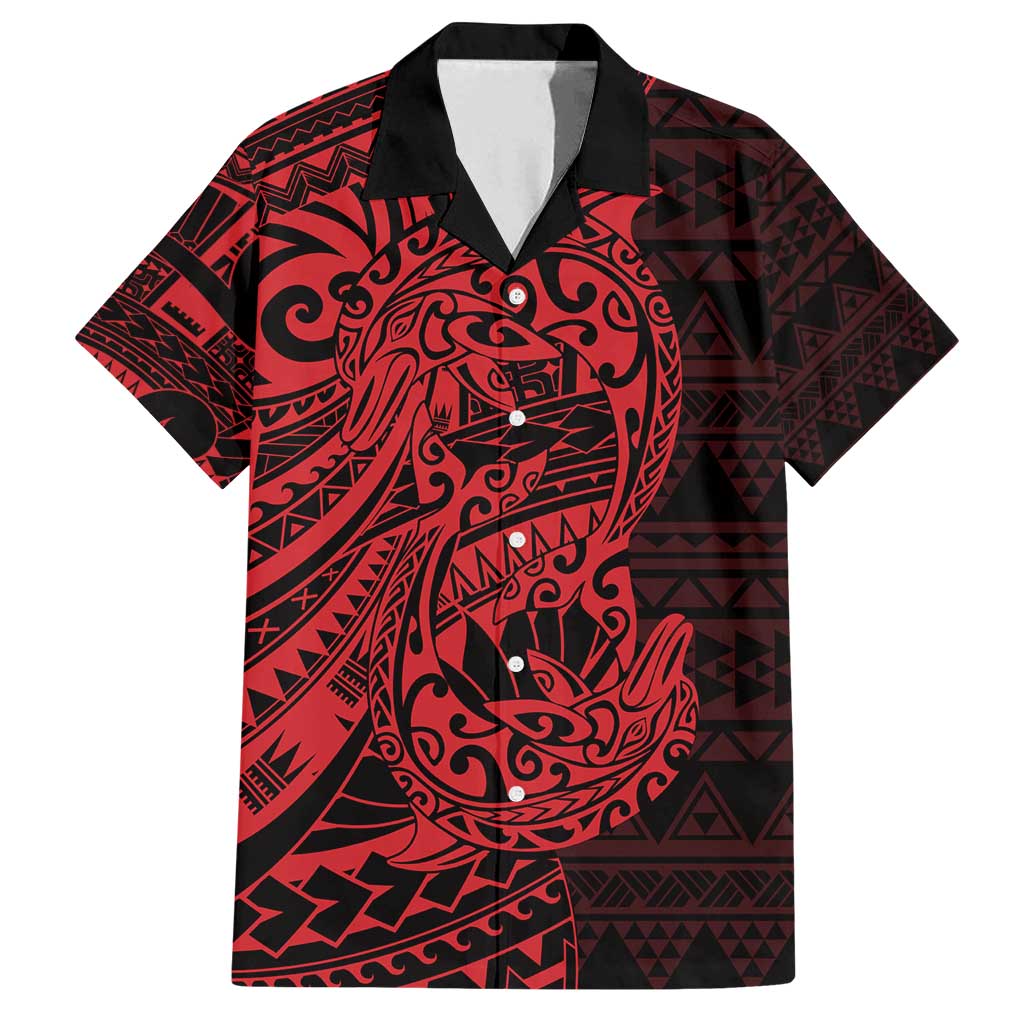 Red Couple Dolphins Maori Polynesian Style Family Matching Tank Maxi Dress and Hawaiian Shirt LT9 Dad's Shirt - Short Sleeve Red - Polynesian Pride