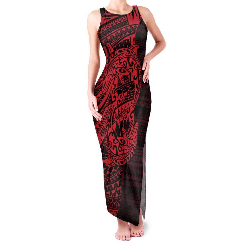 Red Couple Dolphins Maori Polynesian Style Family Matching Tank Maxi Dress and Hawaiian Shirt LT9 Mom's Dress Red - Polynesian Pride
