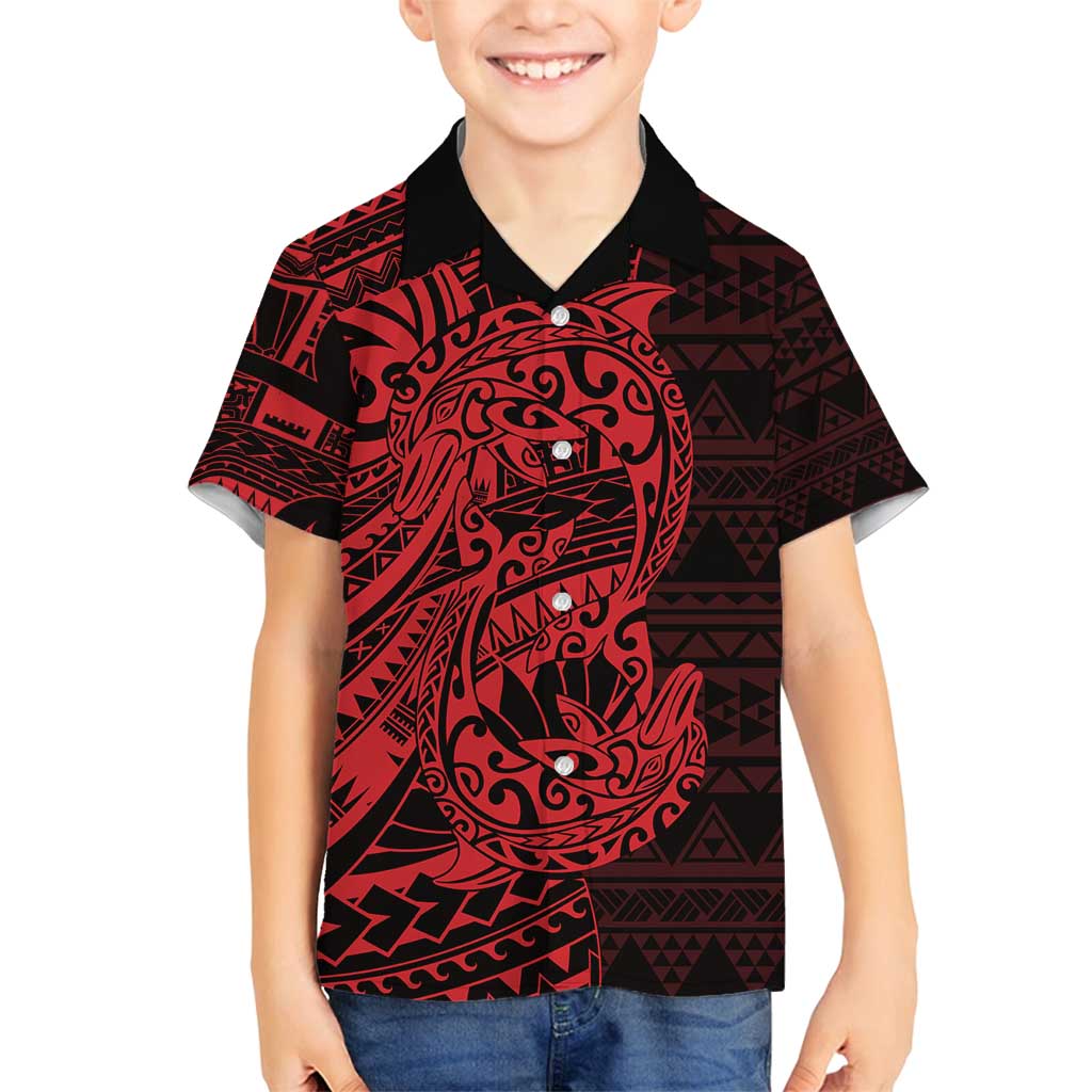 Red Couple Dolphins Maori Polynesian Style Family Matching Tank Maxi Dress and Hawaiian Shirt LT9 Son's Shirt Red - Polynesian Pride
