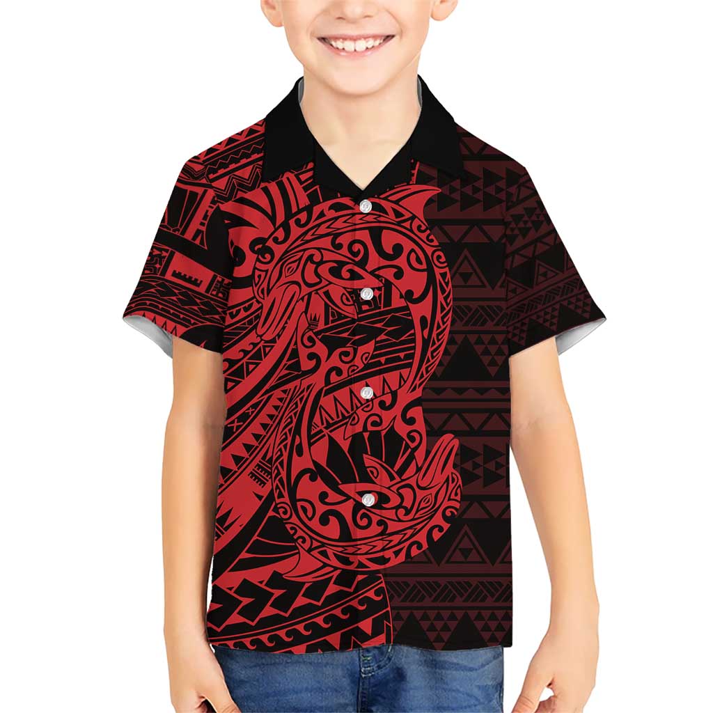 Red Couple Dolphins Maori Polynesian Style Kid Hawaiian Shirt