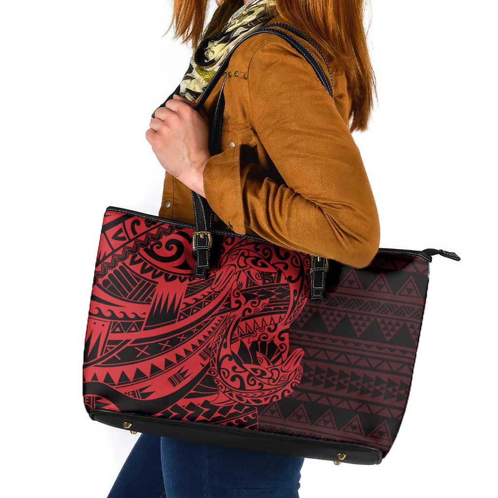 Red Couple Dolphins Maori Polynesian Style Leather Tote Bag