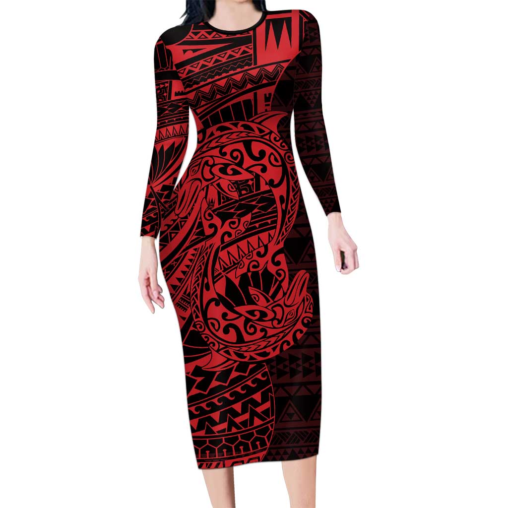 Red Couple Dolphins Maori Polynesian Style Long Sleeve Bodycon Dress