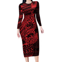 Red Couple Dolphins Maori Polynesian Style Long Sleeve Bodycon Dress