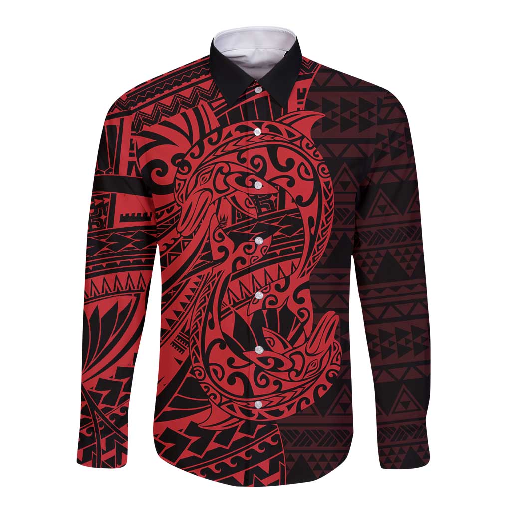 Red Couple Dolphins Maori Polynesian Style Long Sleeve Button Shirt