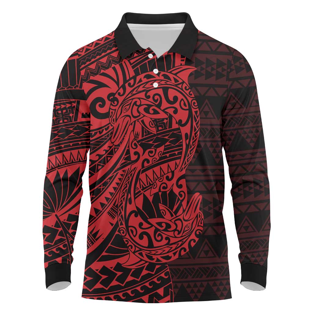 Red Couple Dolphins Maori Polynesian Style Long Sleeve Polo Shirt