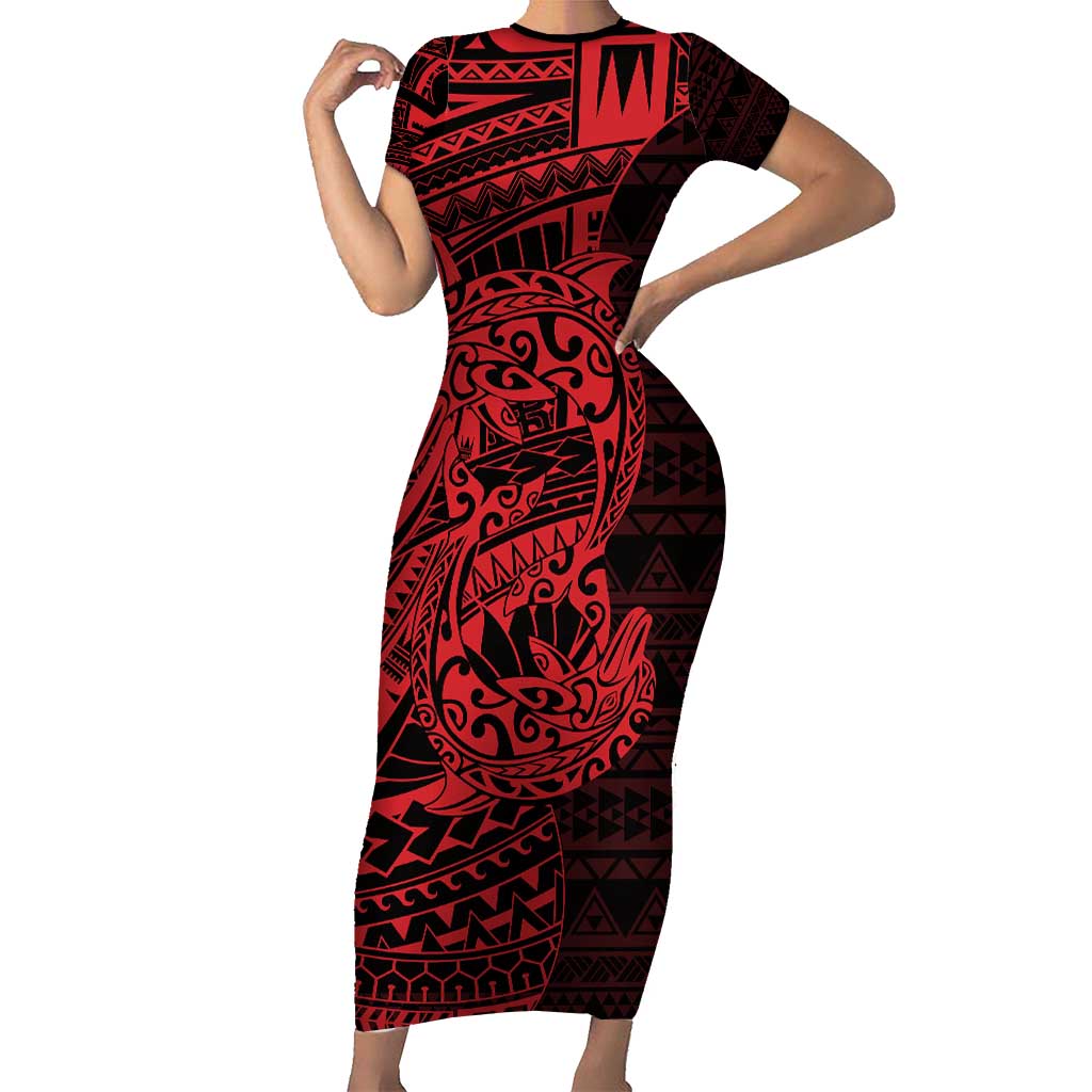 Red Couple Dolphins Maori Polynesian Style Short Sleeve Bodycon Dress